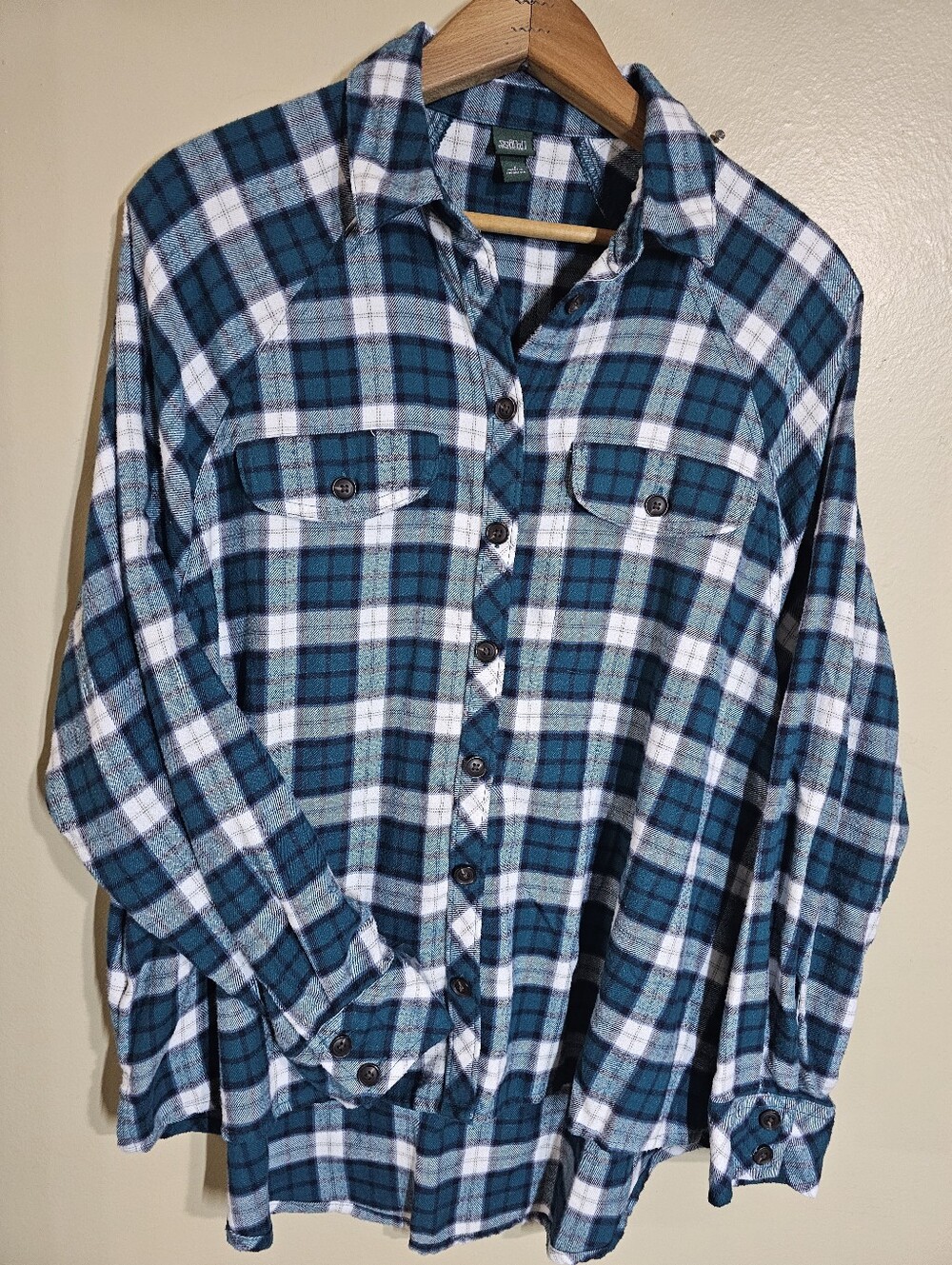 Wild Fable Plaid Flannel Shirt Small Blue Teal Button Front Oversized Layering T